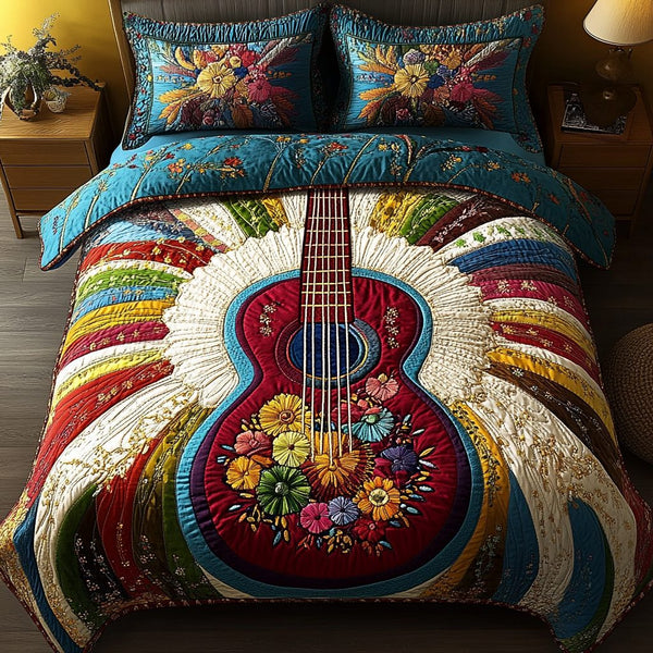 Vintage Strings quilted 3-piece bedding set on a made bed in a farmhouse bedroom