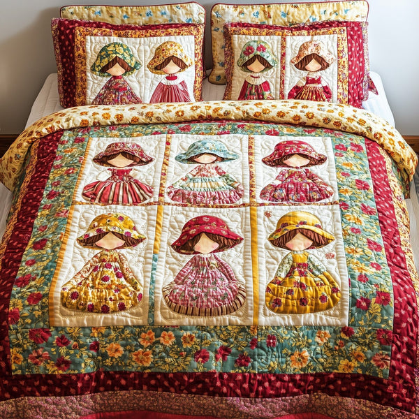 Vintage Sunbonnet Sue quilted 3-piece bedding set on a made bed in a farmhouse bedroom