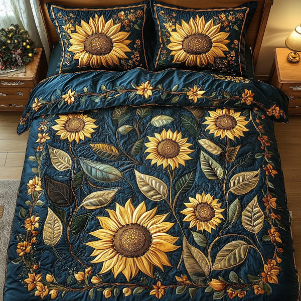 Vintage Sunflower quilted 3-piece bedding set on a made bed in a farmhouse bedroom