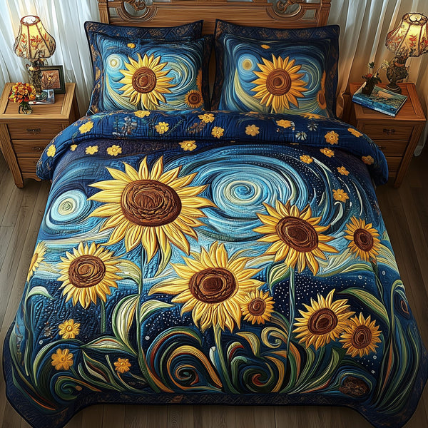 Vintage Sunflower quilted 3-piece bedding set on a made bed in a farmhouse bedroom