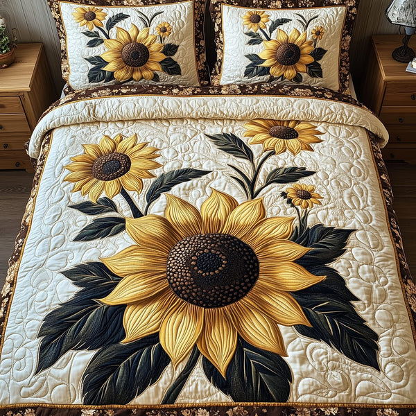 Vintage Sunflower quilted 3-piece bedding set on a made bed in a farmhouse bedroom