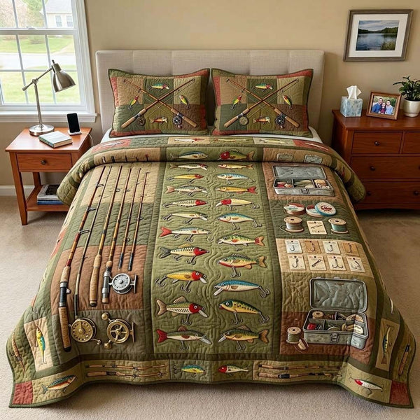 Vintage Tackle quilted 3-piece bedding set on a made bed in a farmhouse bedroom