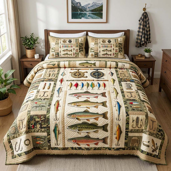 Vintage Tackle quilted 3-piece bedding set on a made bed in a farmhouse bedroom