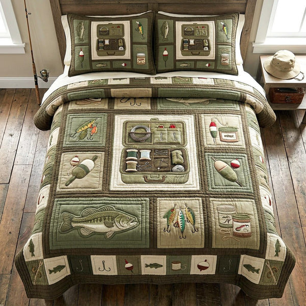 Vintage Tackle quilted 3-piece bedding set on a made bed in a farmhouse bedroom