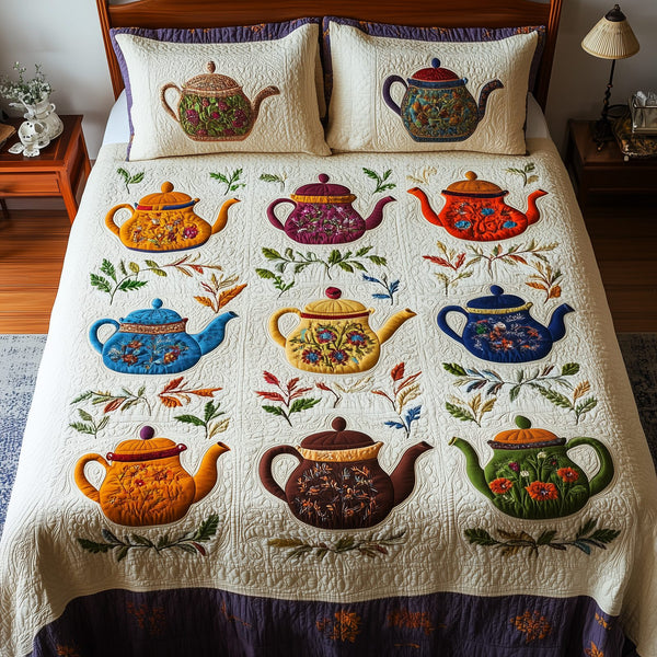 Vintage Teapot quilted 3-piece bedding set on a made bed in a farmhouse bedroom