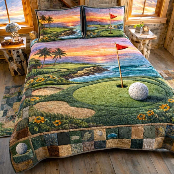 Vintage Tee quilted 3-piece bedding set on a made bed in a farmhouse bedroom