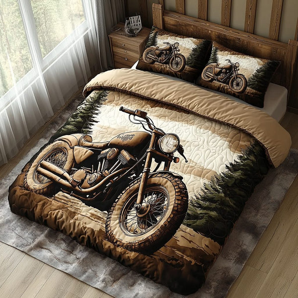 Vintage Throttle quilted 3-piece bedding set on a made bed in a farmhouse bedroom