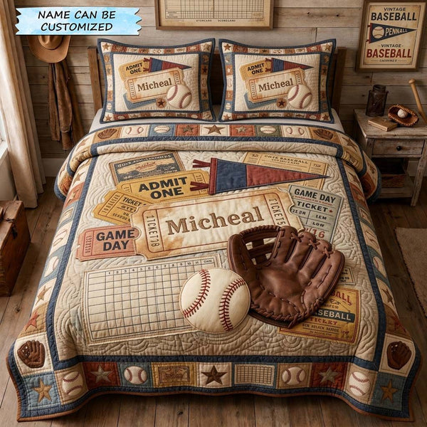 Vintage Ticket Collage 3-Piece Quilted Bedding Set QTCUZ quilted 3-piece bedding set on a made bed in a farmhouse bedroom