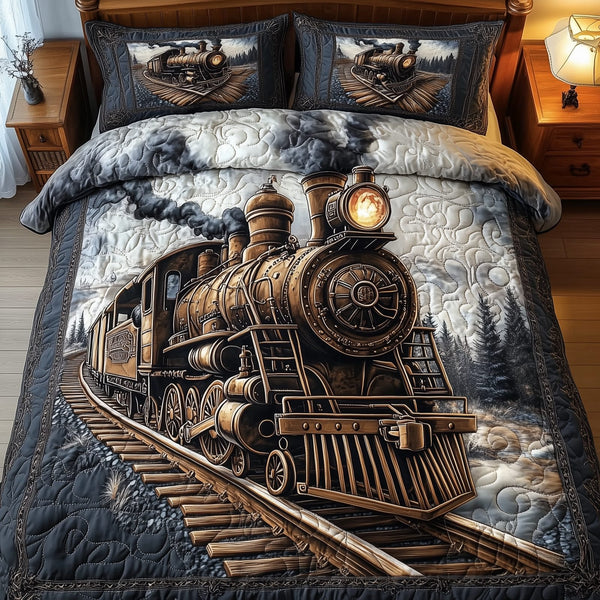 Vintage Train quilted 3-piece bedding set on a made bed in a farmhouse bedroom