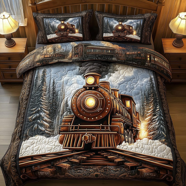 Vintage Train quilted 3-piece bedding set on a made bed in a farmhouse bedroom