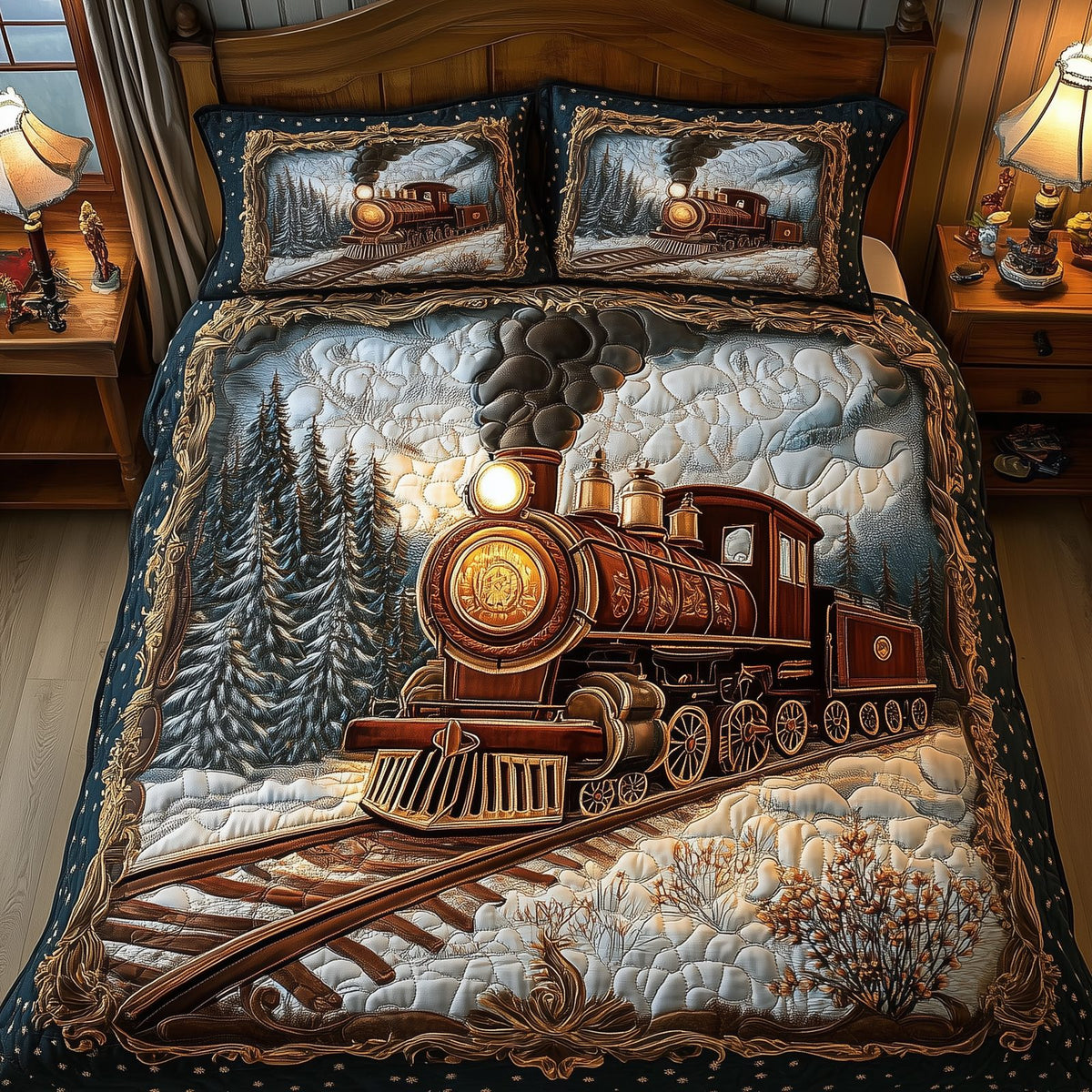 Vintage Train quilted 3-piece bedding set on a made bed in a farmhouse bedroom