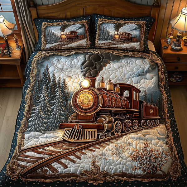Vintage Train quilted 3-piece bedding set on a made bed in a farmhouse bedroom