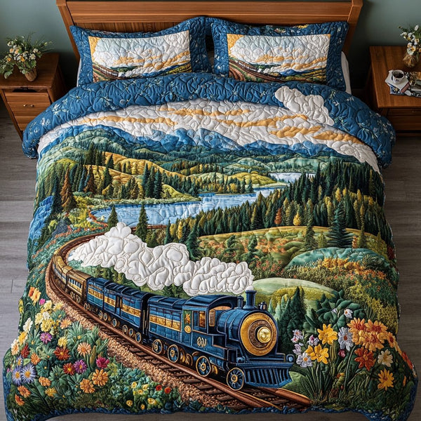 Vintage Train quilted 3-piece bedding set on a made bed in a farmhouse bedroom
