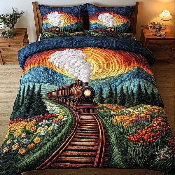 Vintage Train quilted 3-piece bedding set on a made bed in a farmhouse bedroom