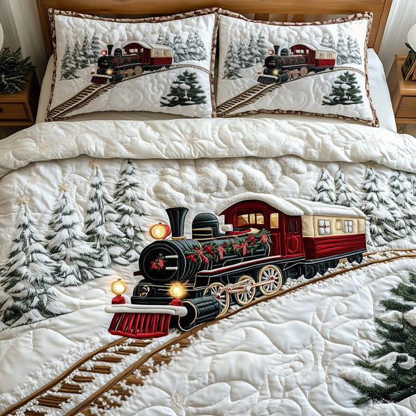 Vintage Train to Snowy Wonderland quilted 3-piece bedding set on a made bed in a farmhouse bedroom