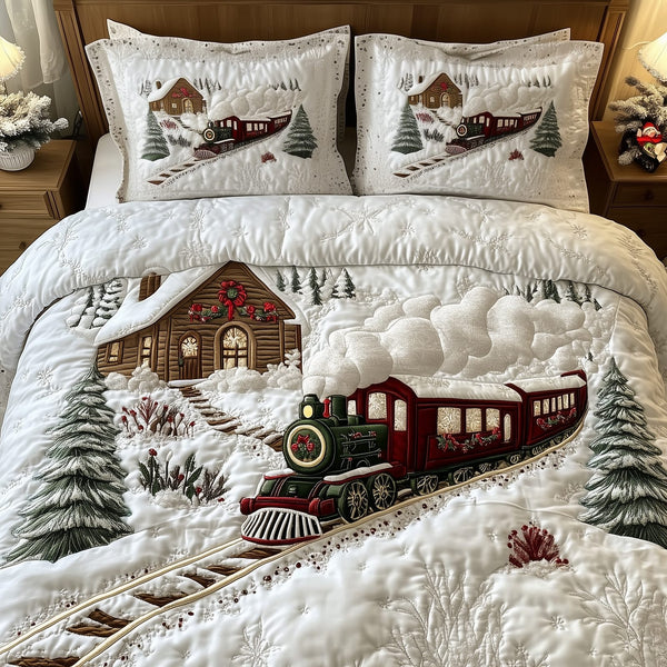 Vintage Train to Snowy Wonderland quilted 3-piece bedding set on a made bed in a farmhouse bedroom