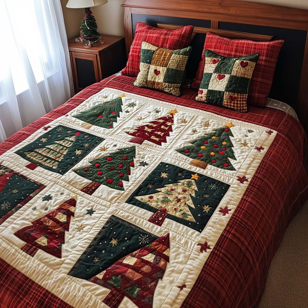Vintage Tree Blocks quilted 3-piece bedding set on a made bed in a farmhouse bedroom