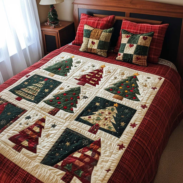 Vintage Tree Blocks quilted 3-piece bedding set on a made bed in a farmhouse bedroom