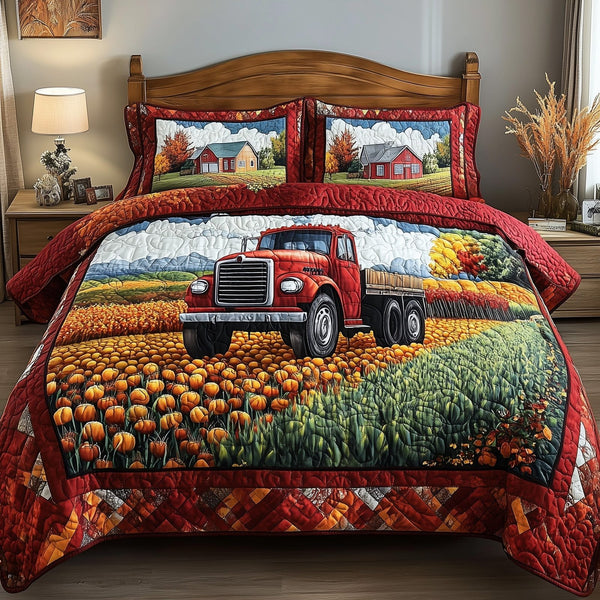Vintage Truck quilted 3-piece bedding set on a made bed in a farmhouse bedroom