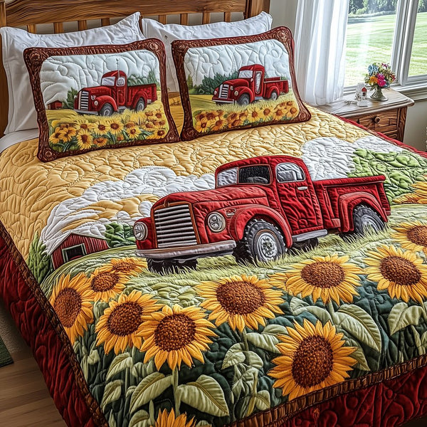 Vintage Truck quilted 3-piece bedding set on a made bed in a farmhouse bedroom