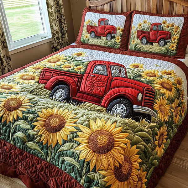 Vintage Truck quilted 3-piece bedding set on a made bed in a farmhouse bedroom