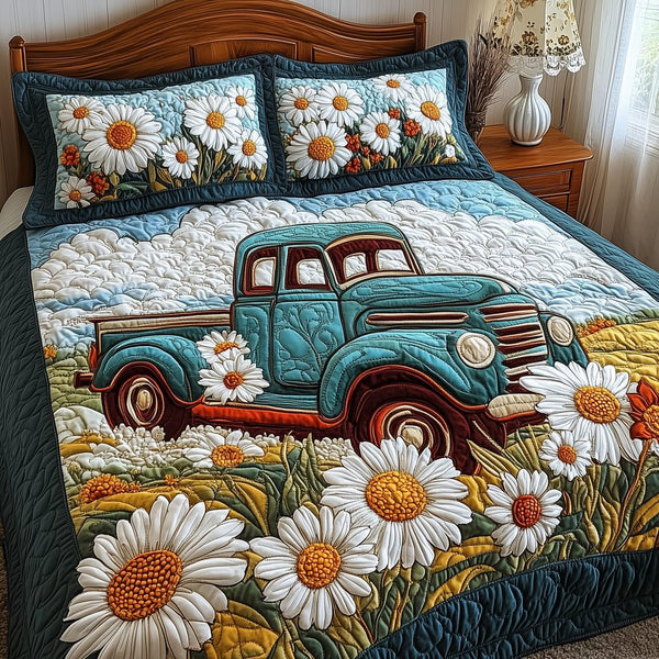 Vintage Truck quilted 3-piece bedding set on a made bed in a farmhouse bedroom