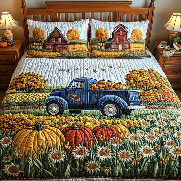 Vintage Truck quilted 3-piece bedding set on a made bed in a farmhouse bedroom
