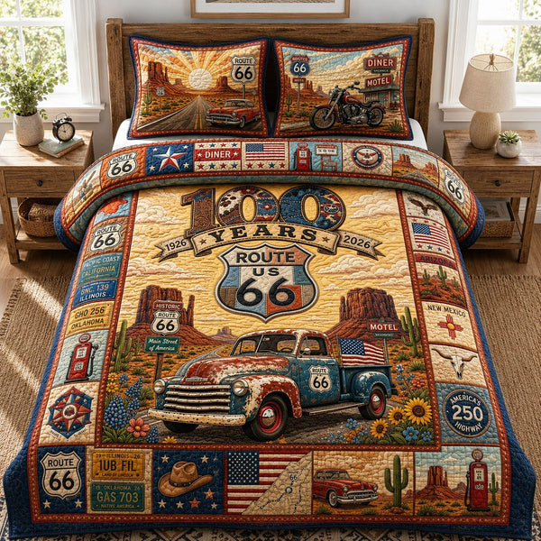Vintage Truck Route 66 quilted 3-piece bedding set on a made bed in a farmhouse bedroom