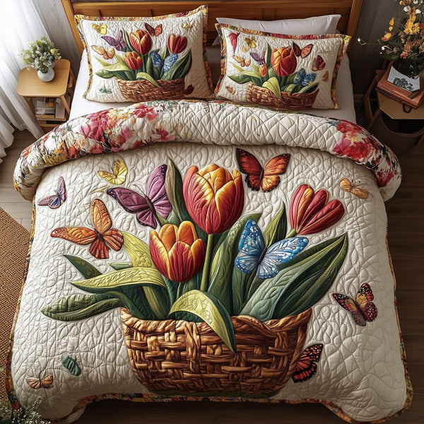 Vintage Tulips quilted 3-piece bedding set on a made bed in a farmhouse bedroom