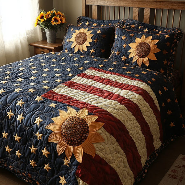 Vintage Valor quilted 3-piece bedding set on a made bed in a farmhouse bedroom