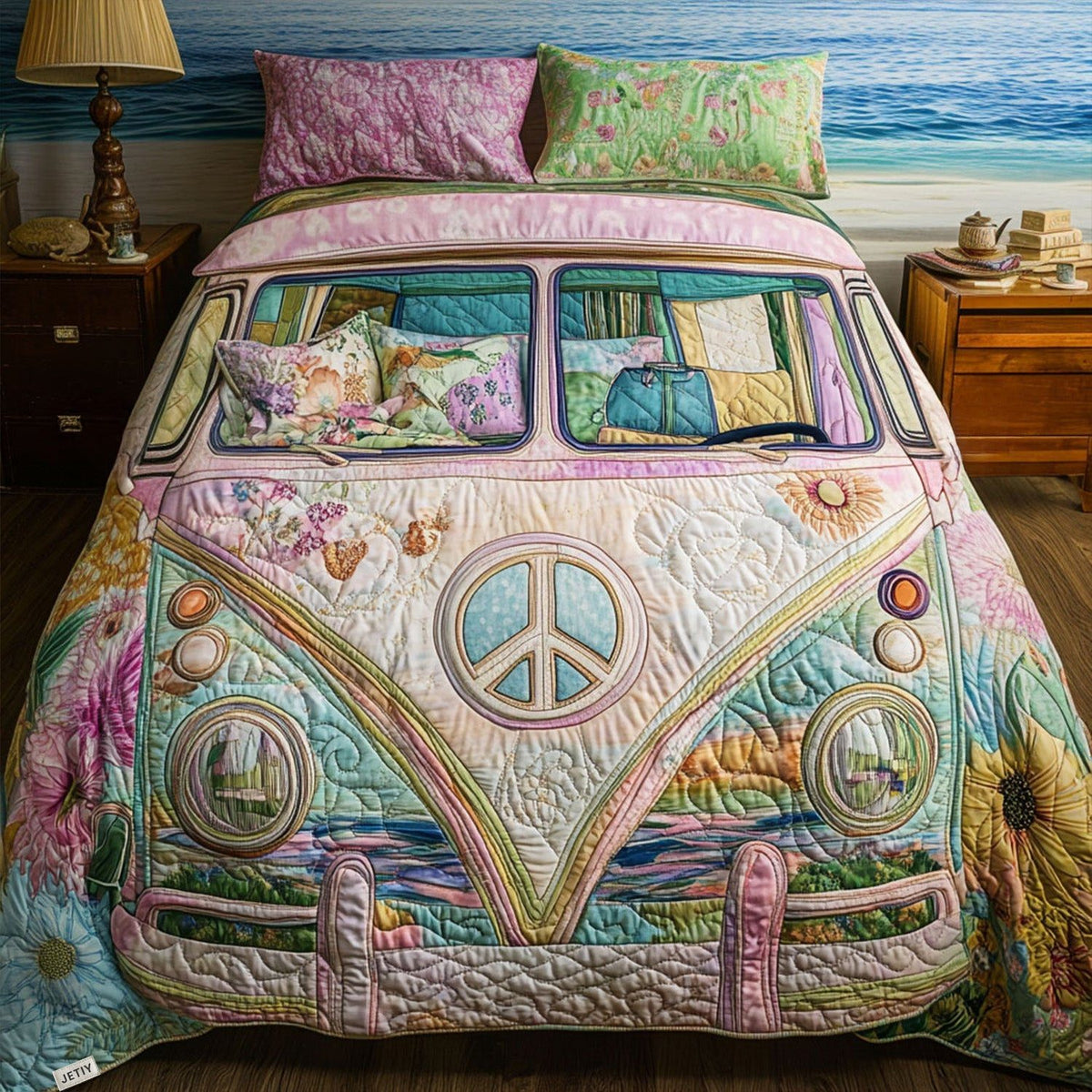 Vintage Van Escape quilted 3-piece bedding set on a made bed in a farmhouse bedroom