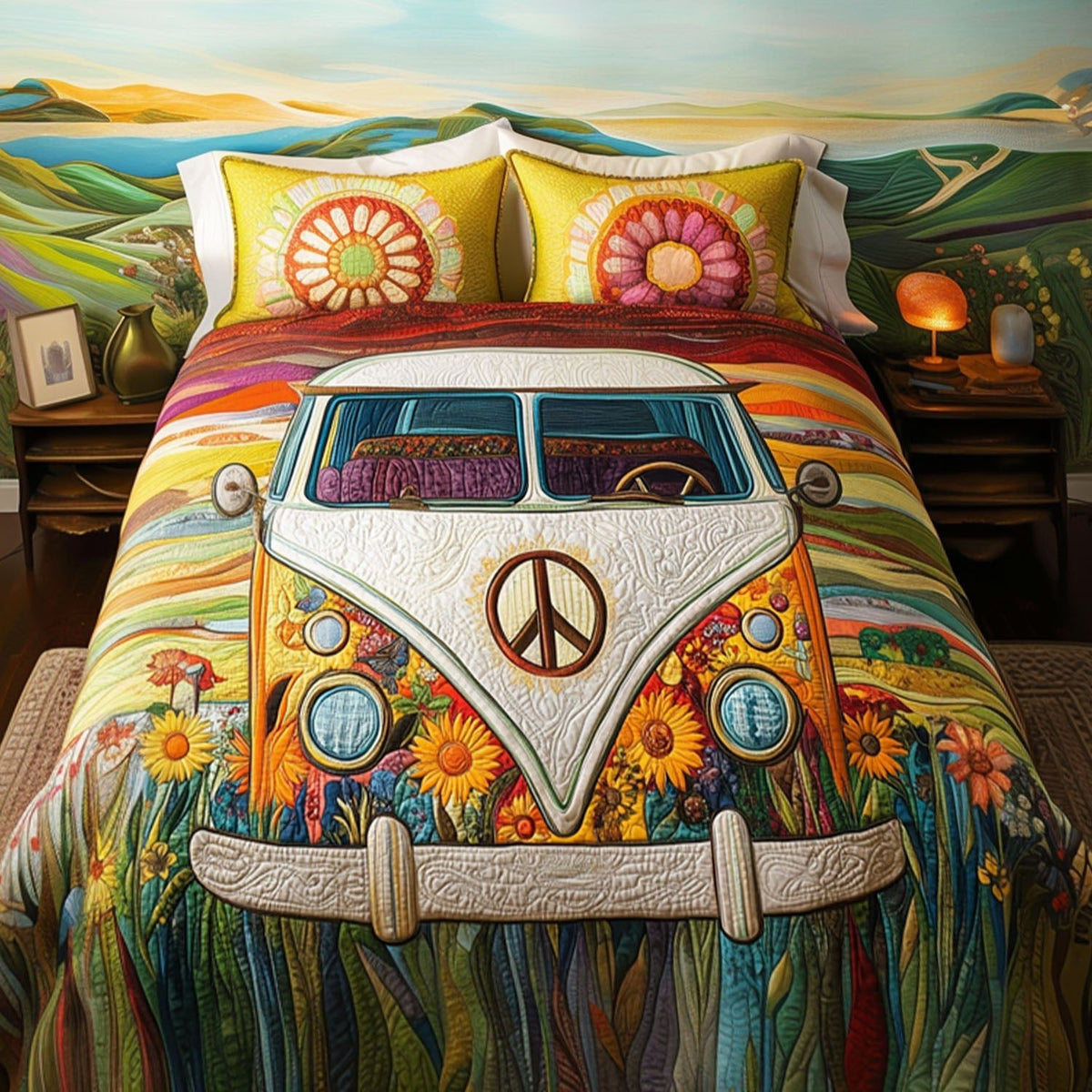 Vintage Van Voyage quilted 3-piece bedding set on a made bed in a farmhouse bedroom