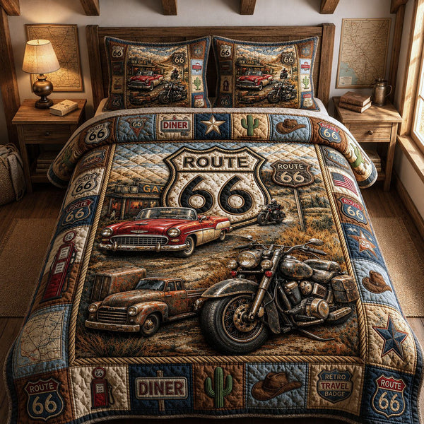 Vintage Vehicles Highway quilted 3-piece bedding set on a made bed in a farmhouse bedroom