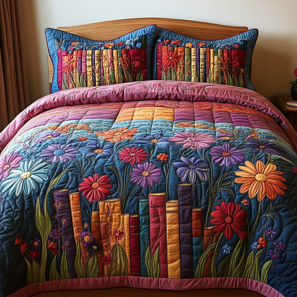 Vintage Vines quilted 3-piece bedding set on a made bed in a farmhouse bedroom