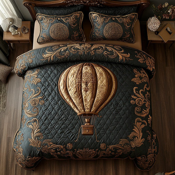Vintage Voyage quilted 3-piece bedding set on a made bed in a farmhouse bedroom