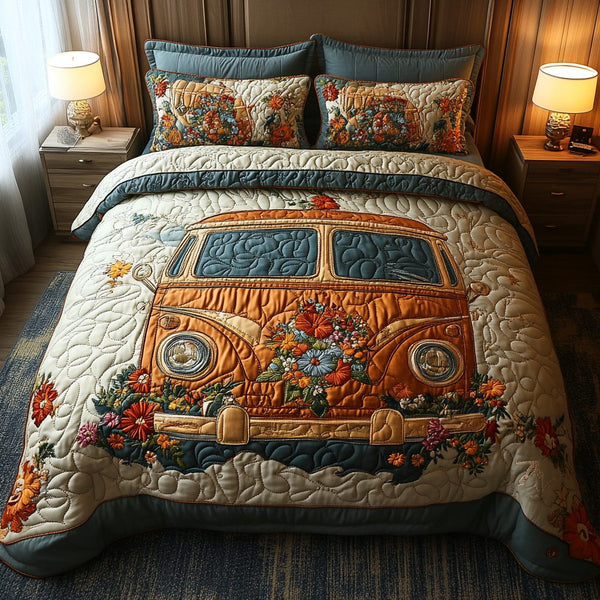 Vintage Wanderer quilted 3-piece bedding set on a made bed in a farmhouse bedroom