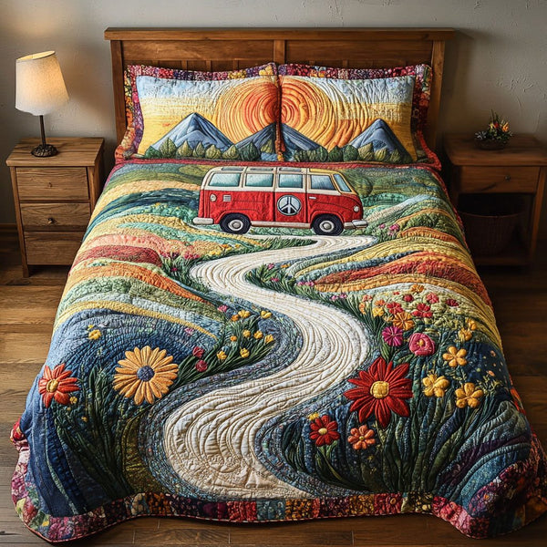 Vintage Wanderlust quilted 3-piece bedding set on a made bed in a farmhouse bedroom