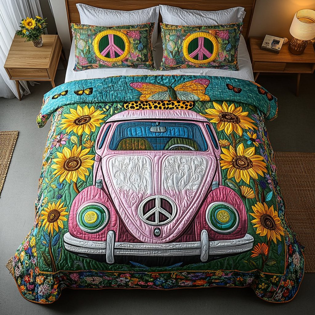 Vintage Wheels quilted 3-piece bedding set on a made bed in a farmhouse bedroom