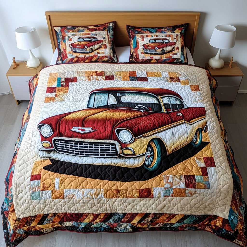 Vintage Wheels quilted 3-piece bedding set on a made bed in a farmhouse bedroom