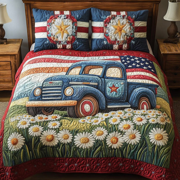 Vintage Wheels quilted 3-piece bedding set on a made bed in a farmhouse bedroom