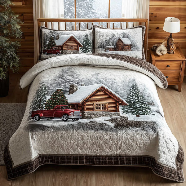 Vintage Winter Escape quilted 3-piece bedding set on a made bed in a winter-styled bedroom