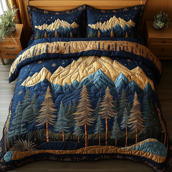 Vintage Woodland quilted 3-piece bedding set on a made bed in a farmhouse bedroom