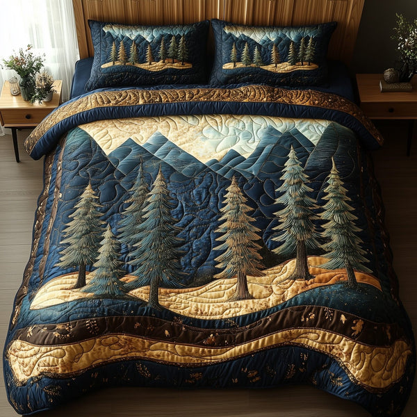 Vintage Woodland quilted 3-piece bedding set on a made bed in a farmhouse bedroom