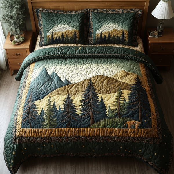 Vintage Woodland quilted 3-piece bedding set on a made bed in a farmhouse bedroom