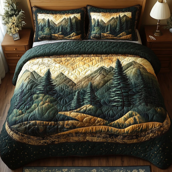 Vintage Woodland quilted 3-piece bedding set on a made bed in a farmhouse bedroom