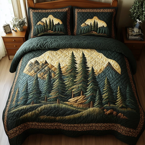 Vintage Woodland quilted 3-piece bedding set on a made bed in a farmhouse bedroom