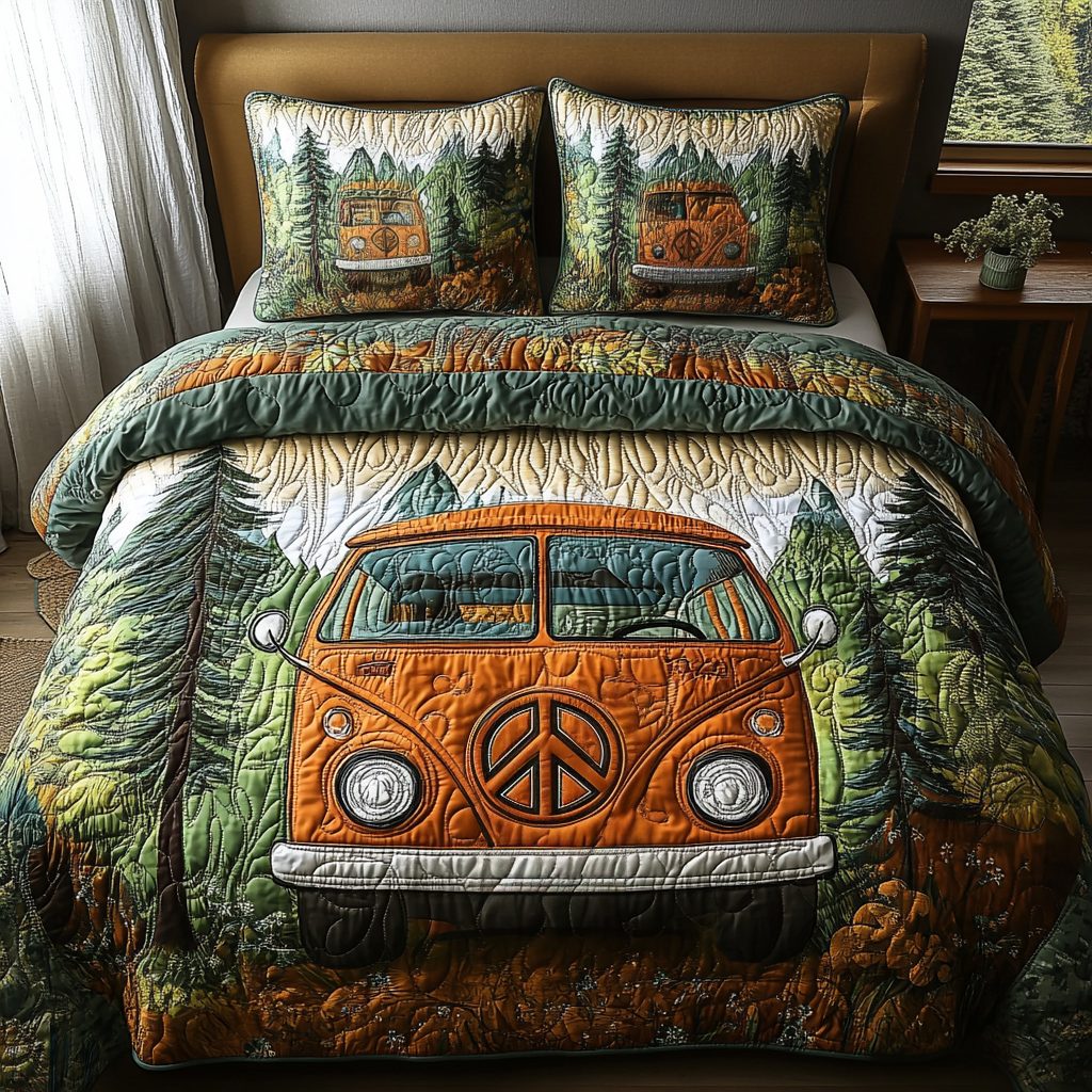 Vintage Woodland Roadtrip quilted 3-piece bedding set on a made bed in a farmhouse bedroom