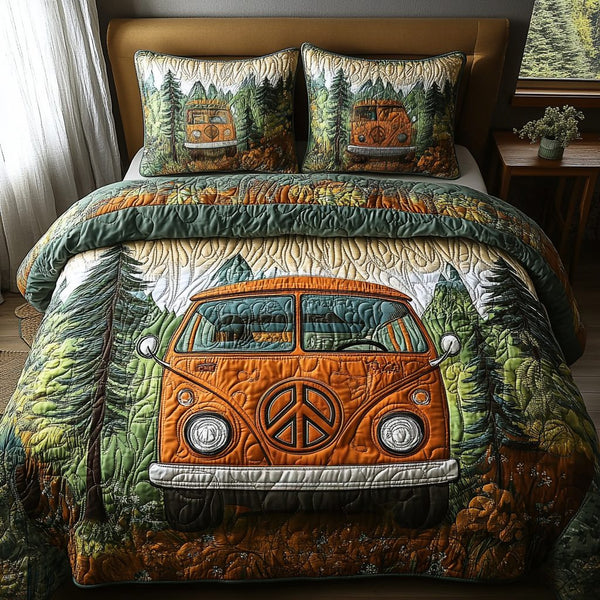Vintage Woodland Roadtrip quilted 3-piece bedding set on a made bed in a farmhouse bedroom