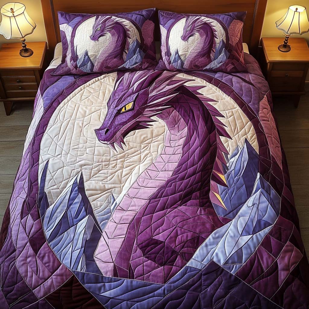 Violet Blaze quilted 3-piece bedding set on a made bed with two matching pillow shams