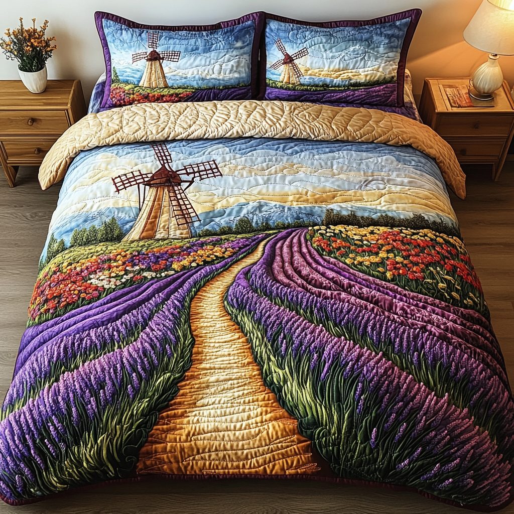 Violet Breeze quilted 3-piece bedding set on a made bed with two matching pillow shams